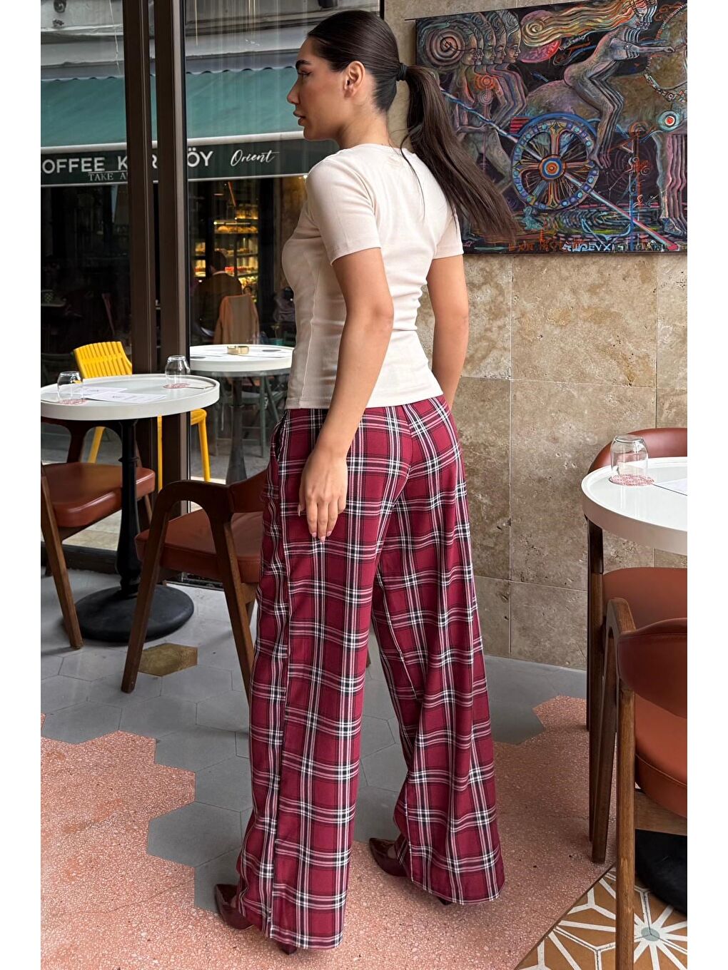 Bordo Kare Desenli Rahat Kesim Pantolon Mg2728-1