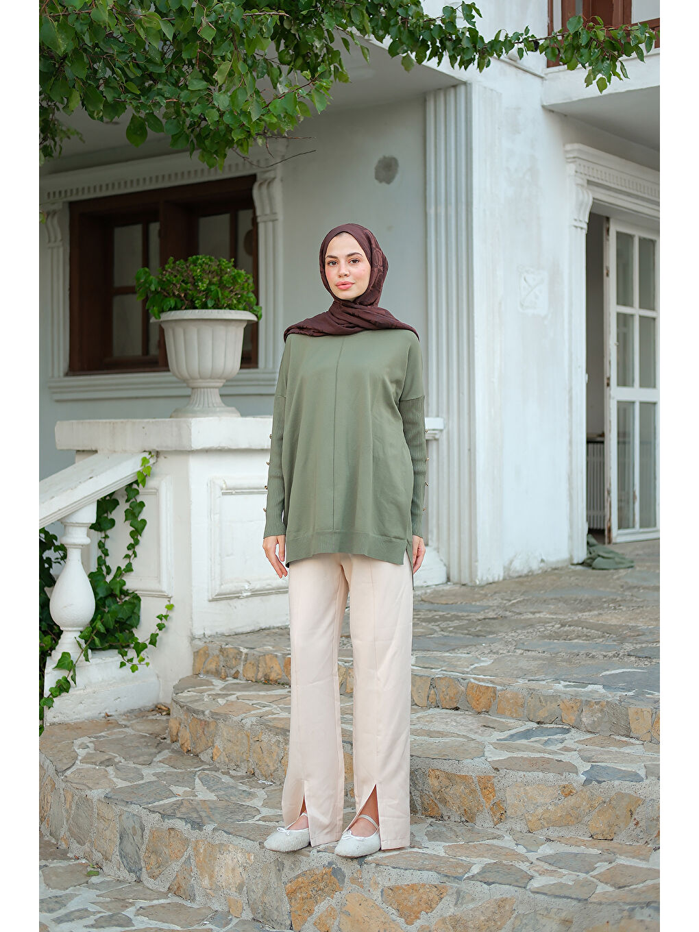 Kadın Kolları Düğme Detaylı Tunik Çağla Yeşil-3