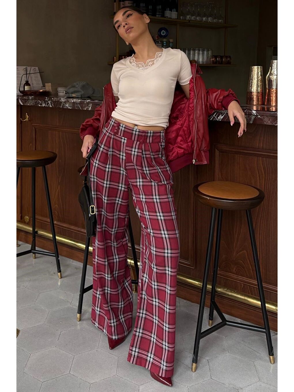 Bordo Kare Desenli Rahat Kesim Pantolon Mg2728-2