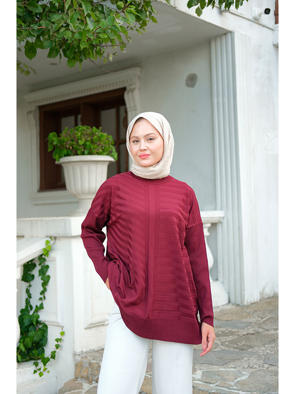 Kadın Kendinden Çizgi Desen Tunik Bordo-3