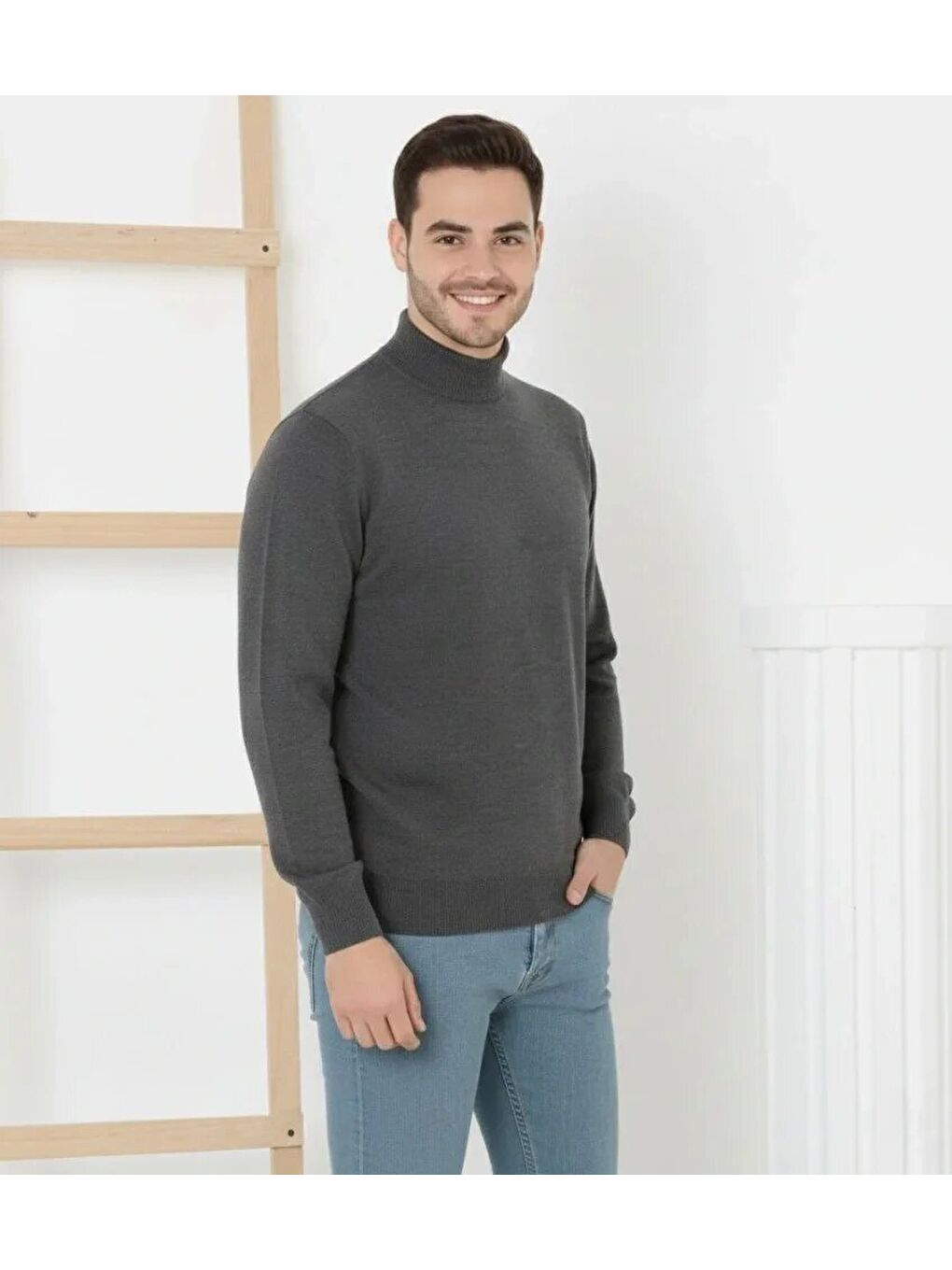 Gri Erkek Yarım Boğaz Triko Kazak Yumuşak Dokulu Pamuklu Ince Dokuma, Uzun Kollu Rahat Regular Kalıp - F-1