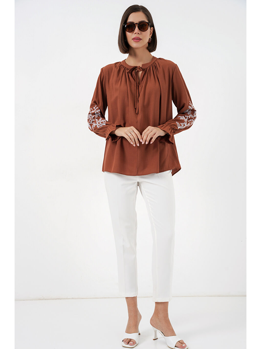 Kahverengi Kadın Nakışlı Örme Bluz 941 - Kiremit-1