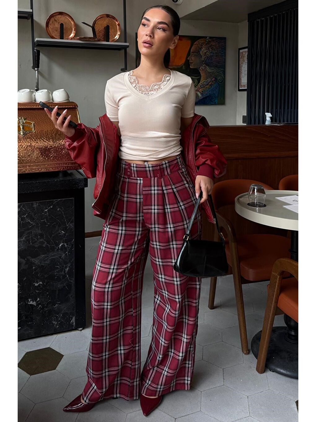 Bordo Kare Desenli Rahat Kesim Pantolon Mg2728-3