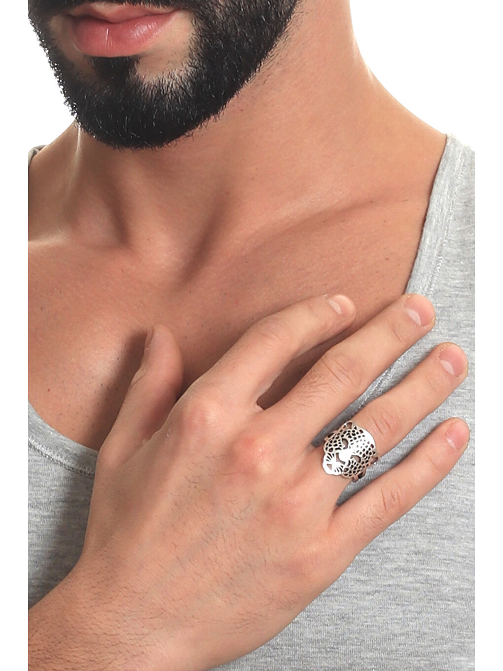 Gri Erkek Antik Gümüş Kaplama Ayarlanabilir Leopar Yüzük-6