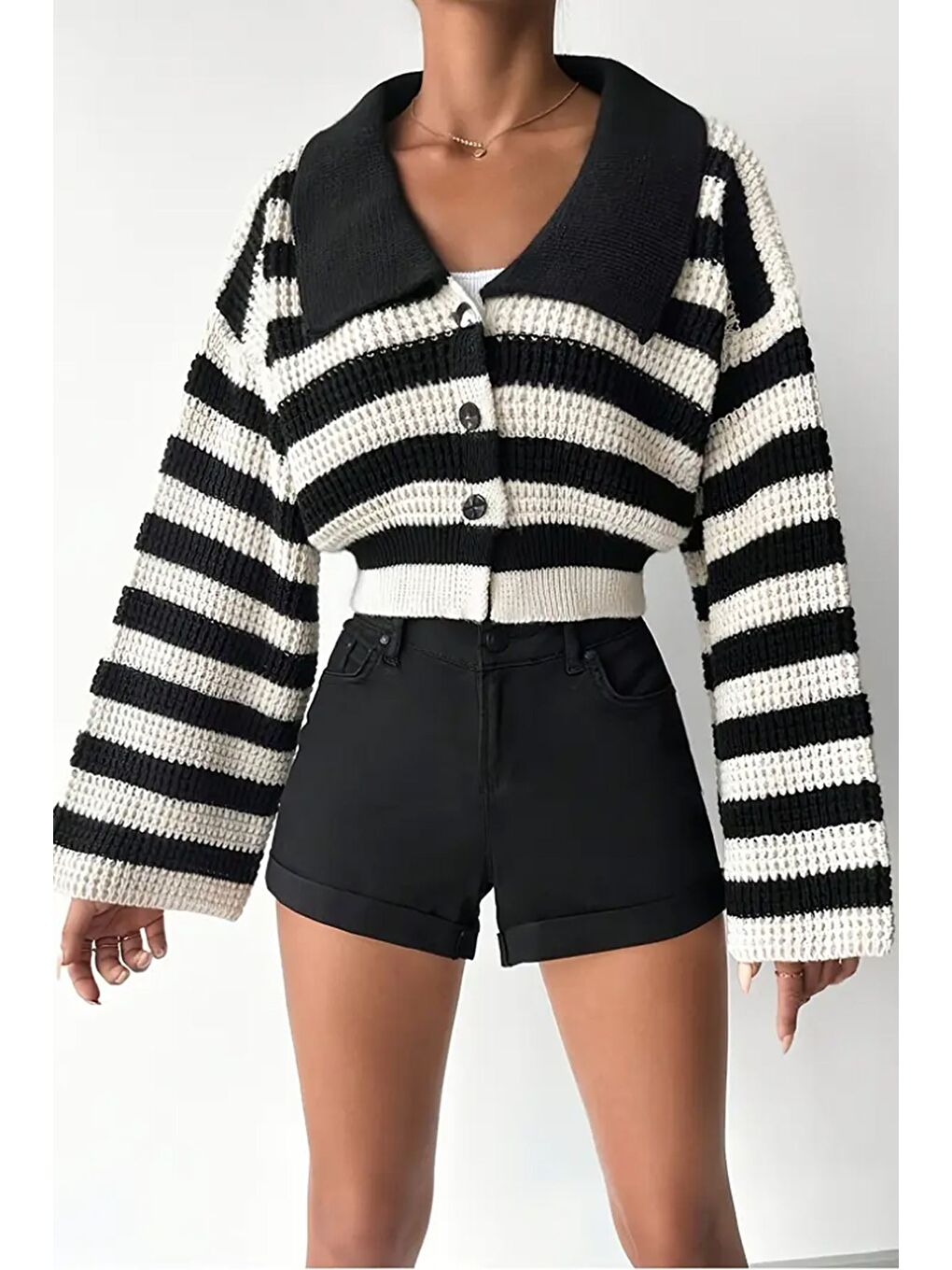 Siyah Kadın Ön Düğmeli Renk Şeritli İspanyol Kol Örme Triko Hırka-1