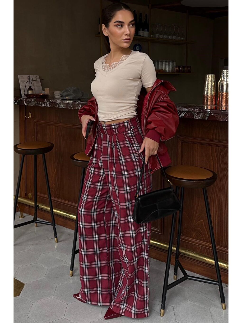 Bordo Kare Desenli Rahat Kesim Pantolon Mg2728-4