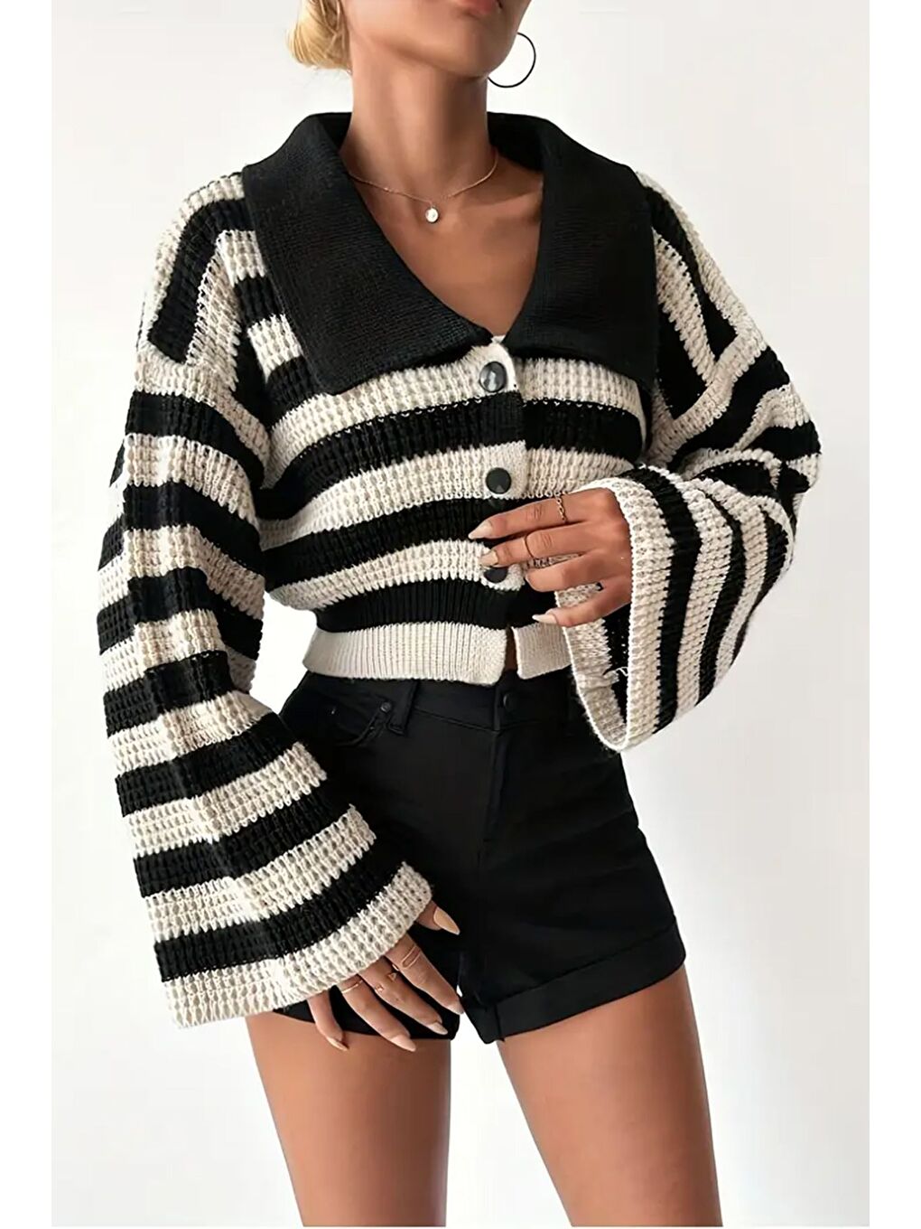Siyah Kadın Ön Düğmeli Renk Şeritli İspanyol Kol Örme Triko Hırka-3