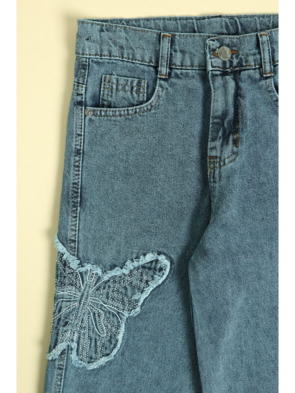 Mavi Beli Ayarlanabilir Kelebek Nakışlı Taşlı Kız Çocuk Palazzo Pantolon-1