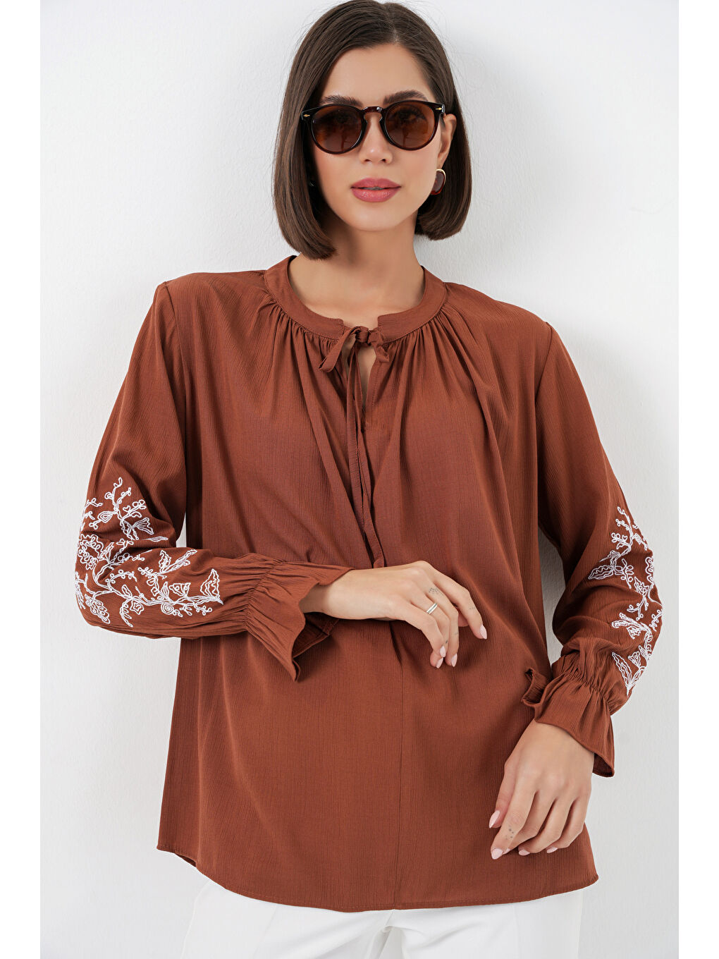 Kahverengi Kadın Nakışlı Örme Bluz 941 - Kiremit-2