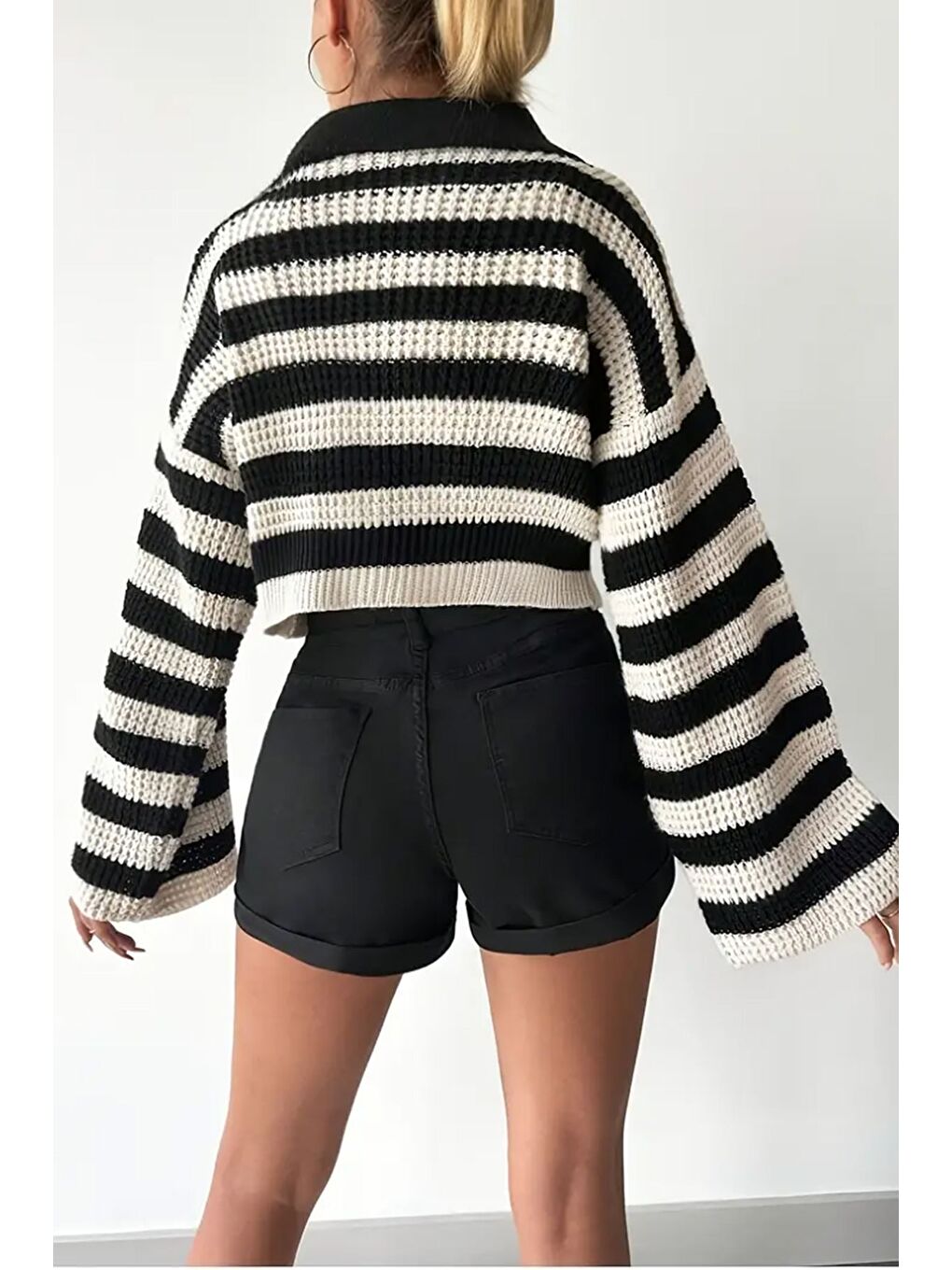 Siyah Kadın Ön Düğmeli Renk Şeritli İspanyol Kol Örme Triko Hırka-4