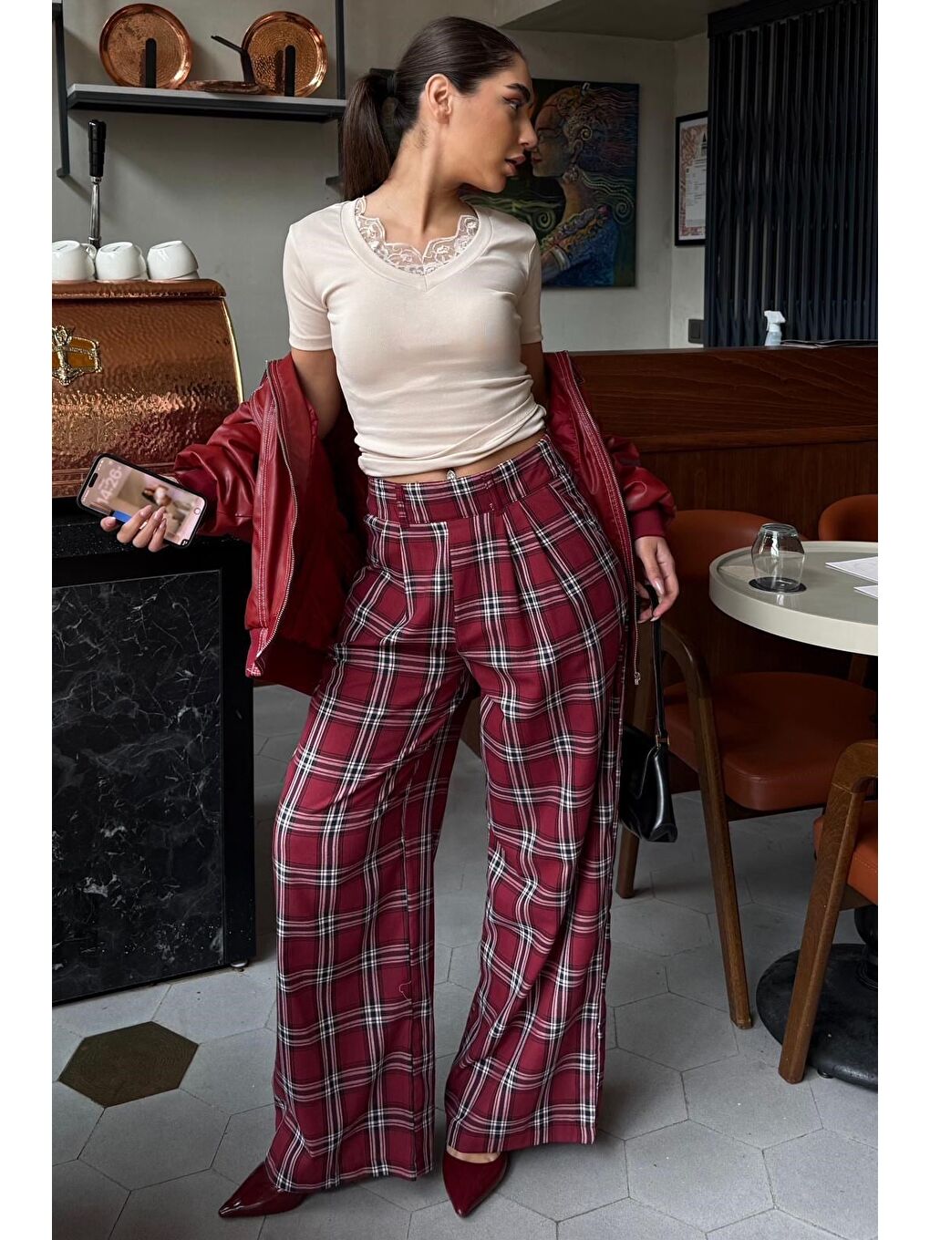 Bordo Kare Desenli Rahat Kesim Pantolon Mg2728-5