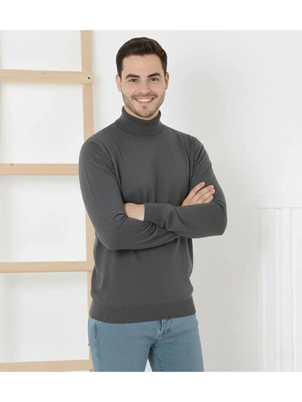 Gri Erkek Yarım Boğaz Triko Kazak Yumuşak Dokulu Pamuklu Ince Dokuma, Uzun Kollu Rahat Regular Kalıp - F-2