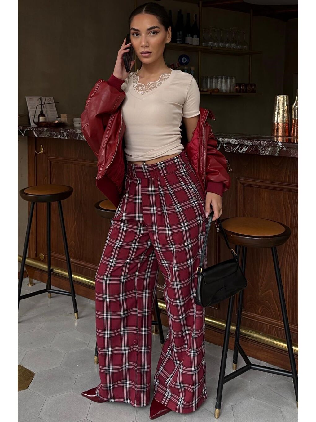 Bordo Kare Desenli Rahat Kesim Pantolon Mg2728-6