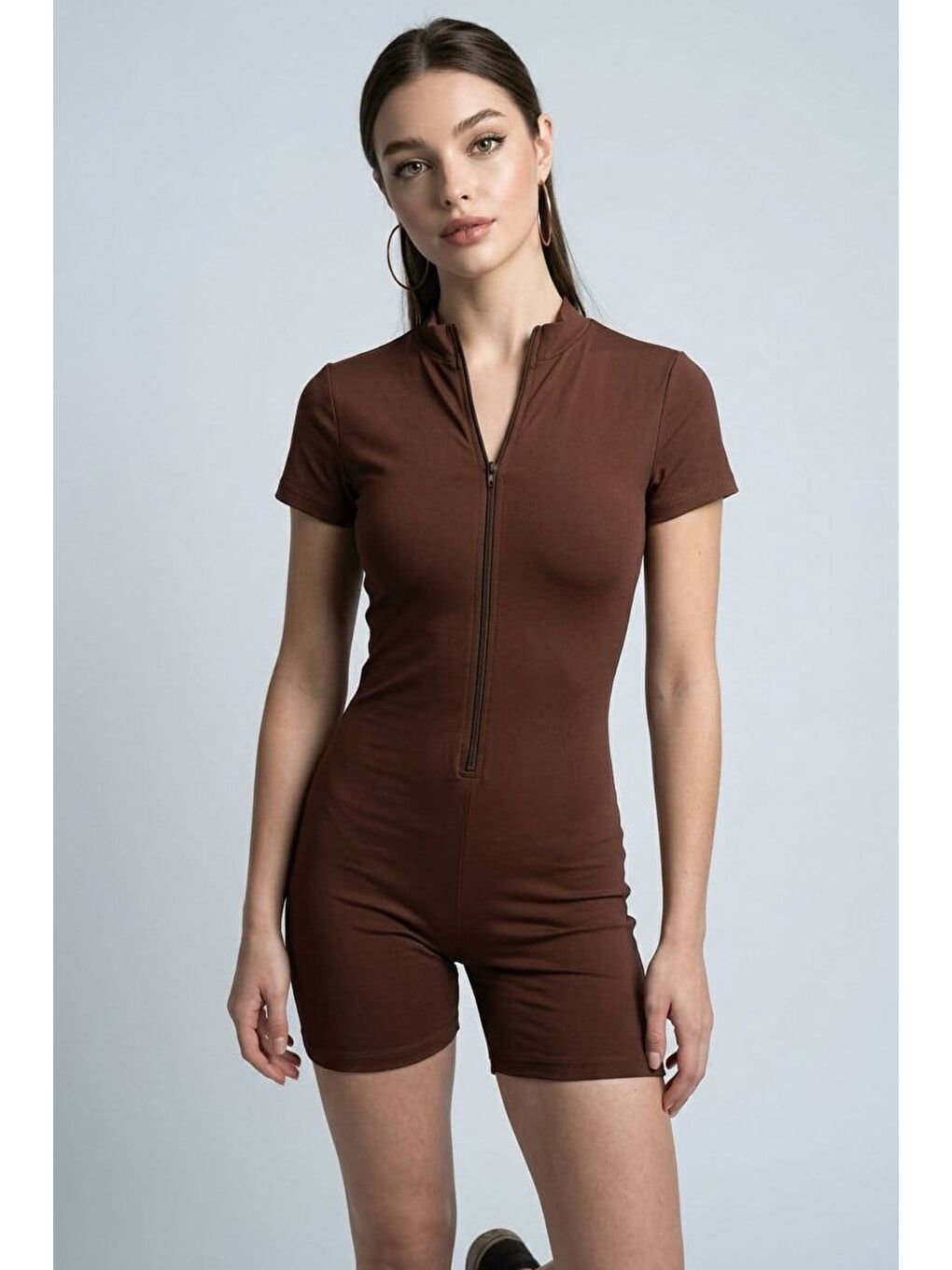 Kahverengi Slim Fit Fermuarlı Şort Tulum Mg2794