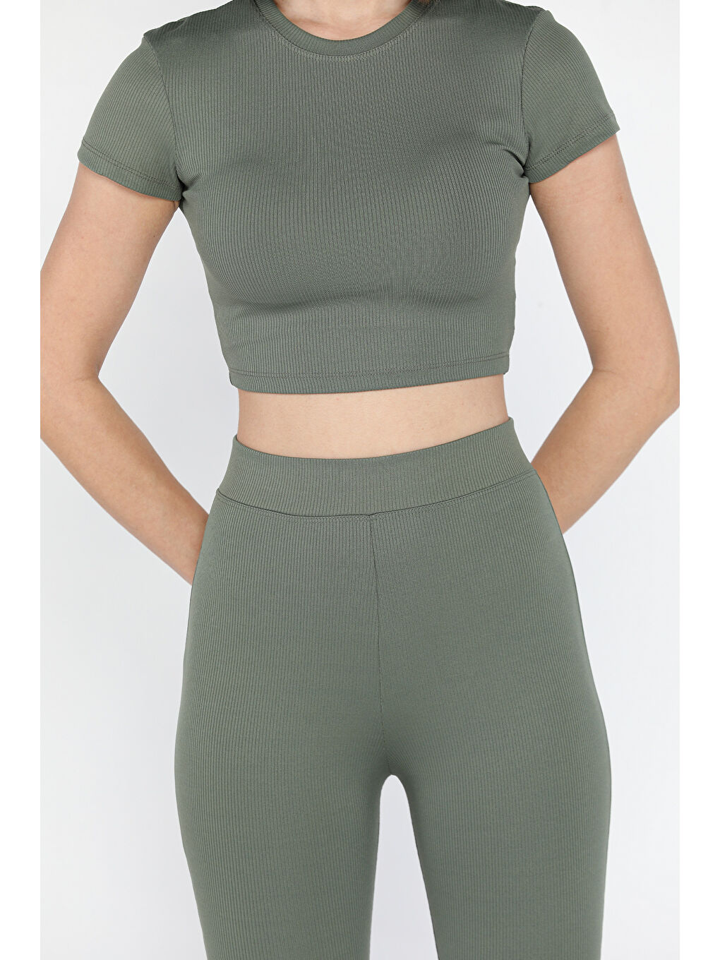 Haki Kadın İspayol Paça Tayt Crop Fitilli İkili Takım-3