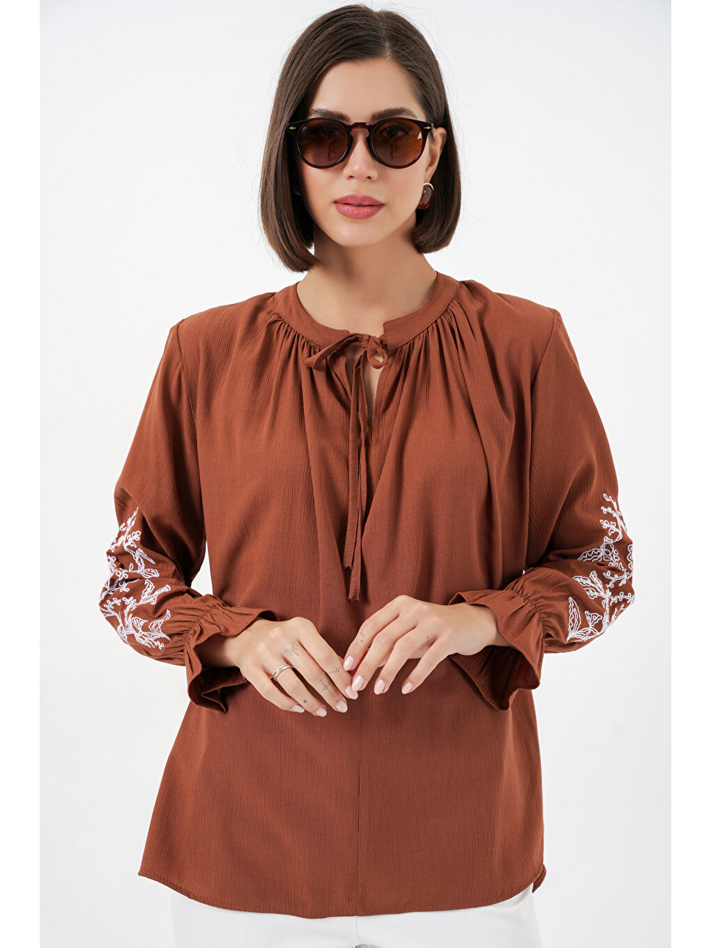 Kahverengi Kadın Nakışlı Örme Bluz 941 - Kiremit-3