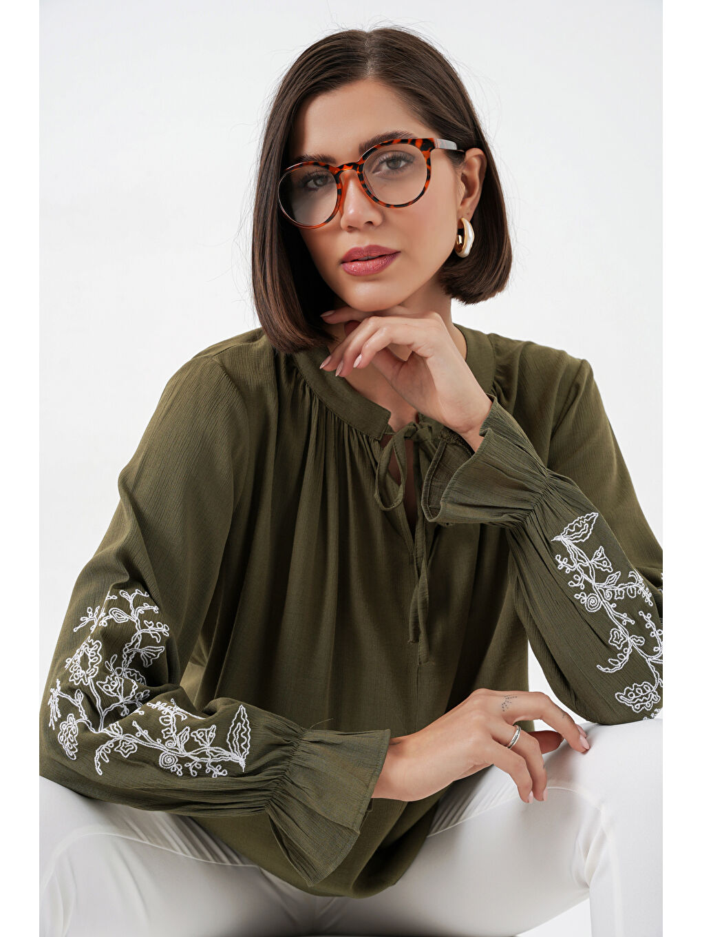 Kadın Nakışlı Örme Bluz 941 - Haki-2