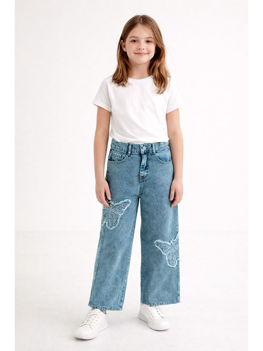 Mavi Beli Ayarlanabilir Kelebek Nakışlı Taşlı Kız Çocuk Palazzo Pantolon-4