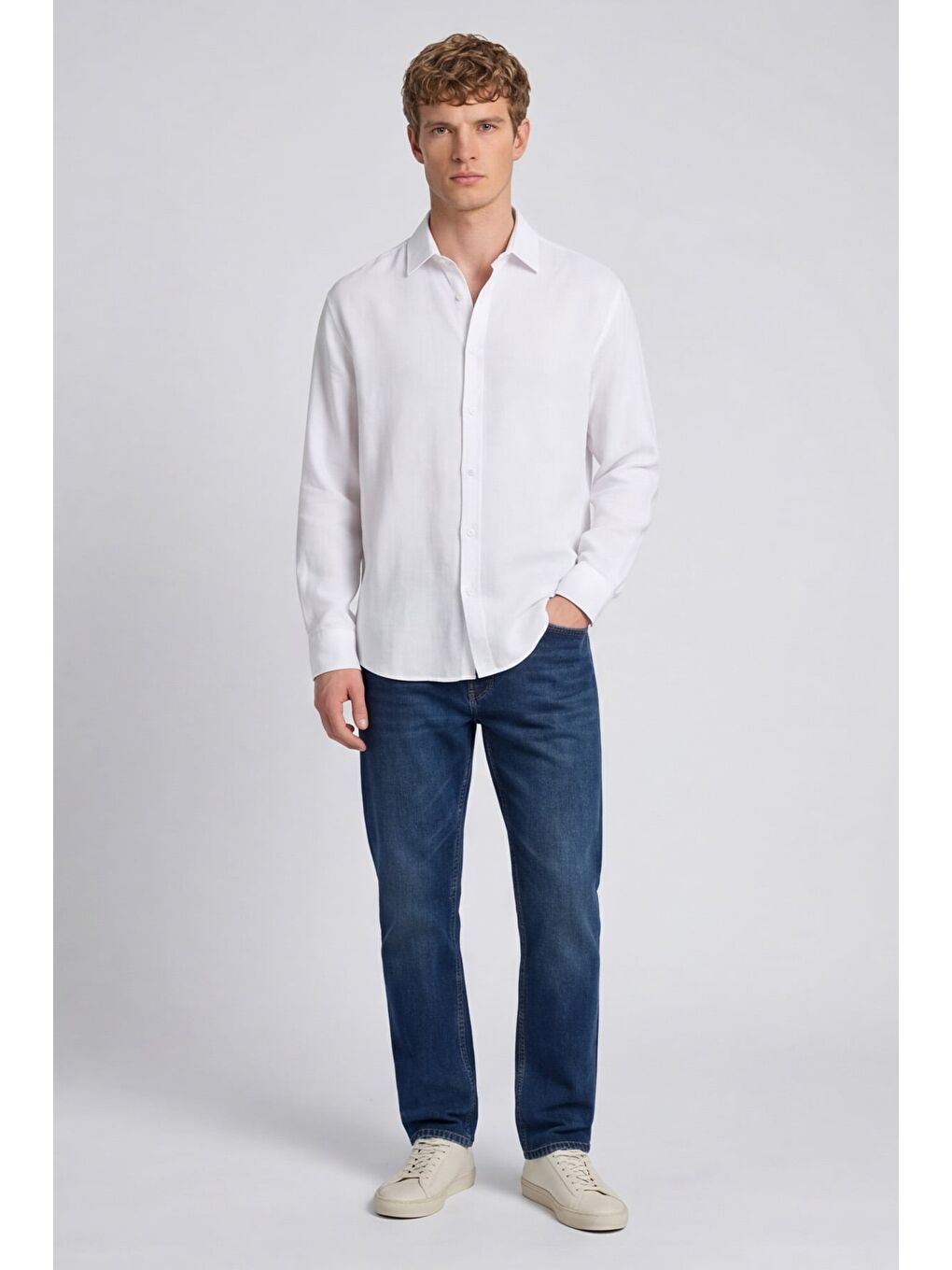 Erkek Beyaz Normal Kesim Regular Fit %100 Pamuk Klasik Yaka Muslin Gömlek-1