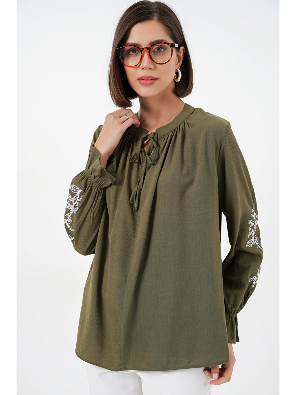 Kadın Nakışlı Örme Bluz 941 - Haki-3