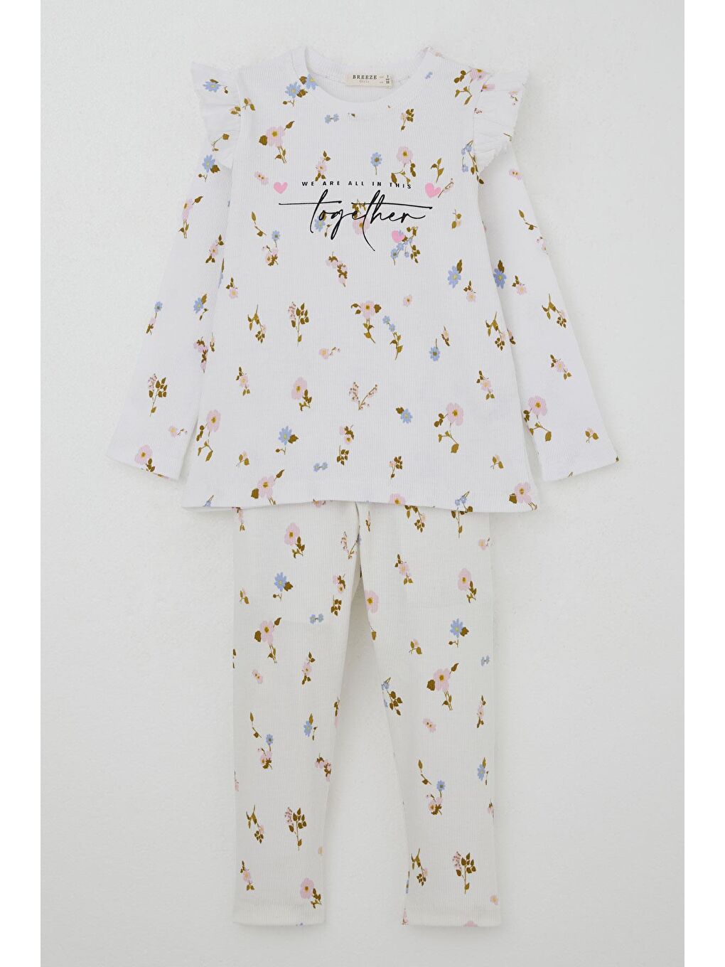 Kız Çocuk Taytlı Takım Renkli Çiçek Desenli Omuzu Fırfırlı Beyaz (2-6 Yaş)