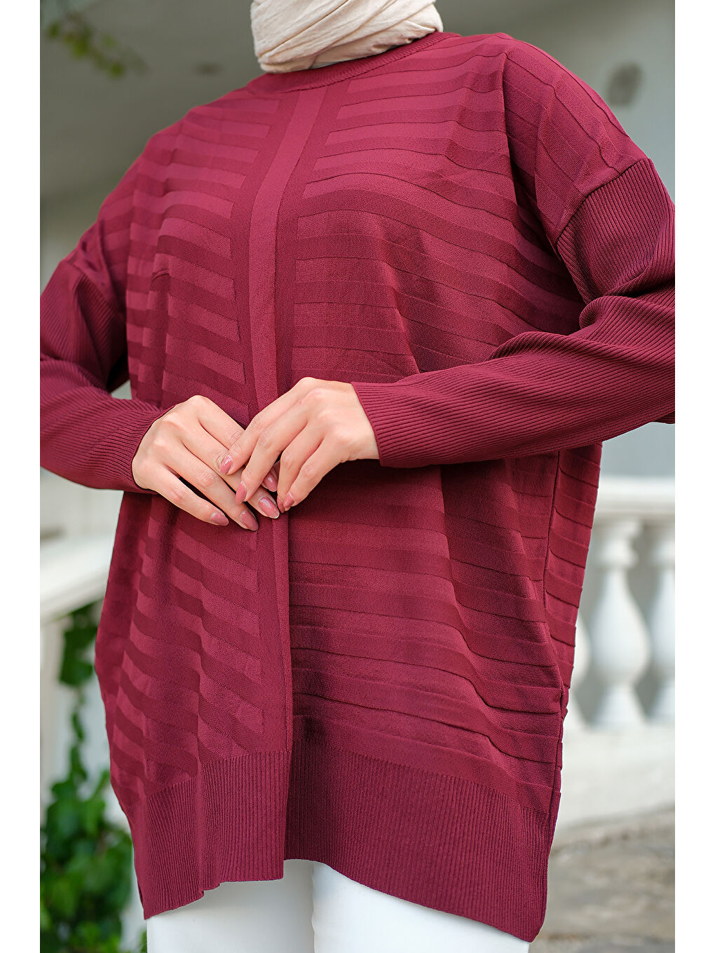 Kadın Kendinden Çizgi Desen Tunik Bordo-4