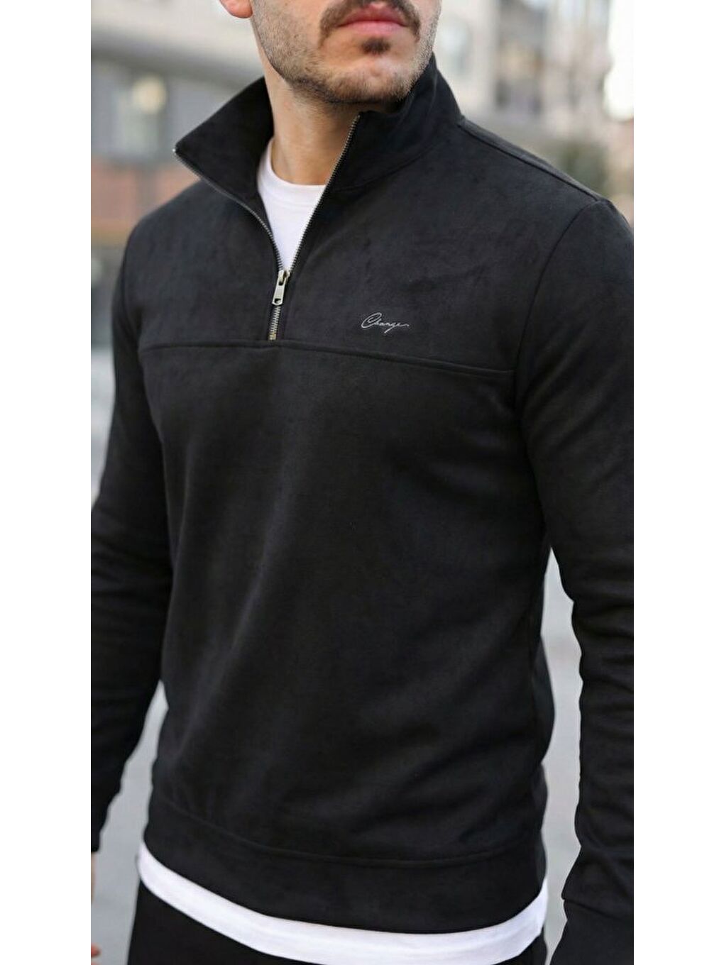 Siyah Erkek Süet Yarım Fermuar Dik Yaka Sweat-1