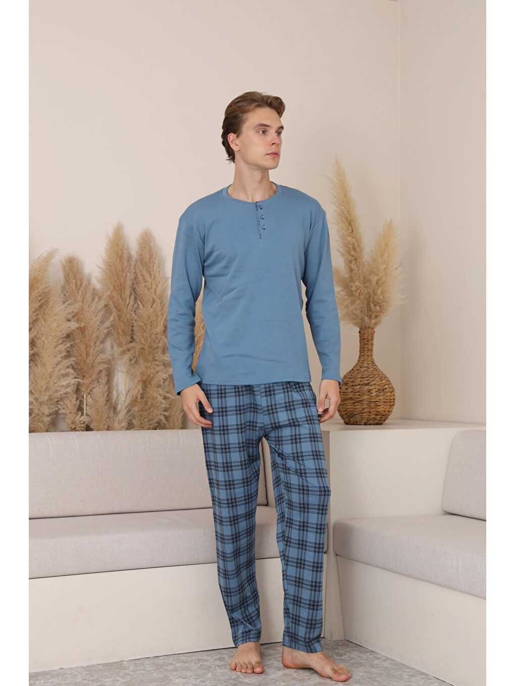 Turkuaz Desenli Erkek Pijama Takımı 16675-1