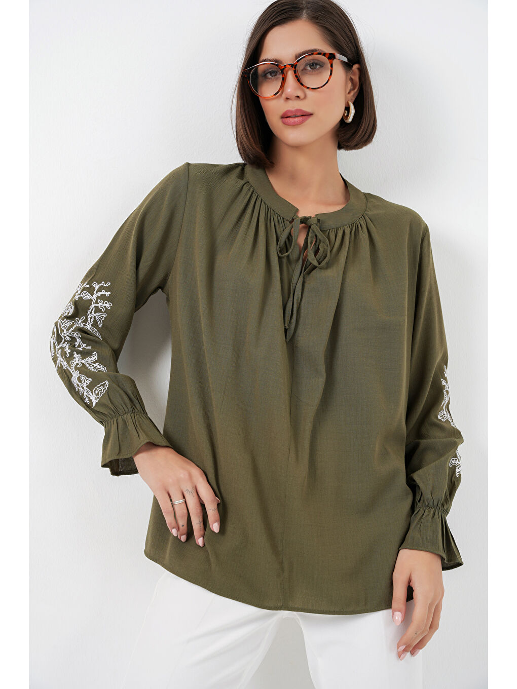 Kadın Nakışlı Örme Bluz 941 - Haki-4