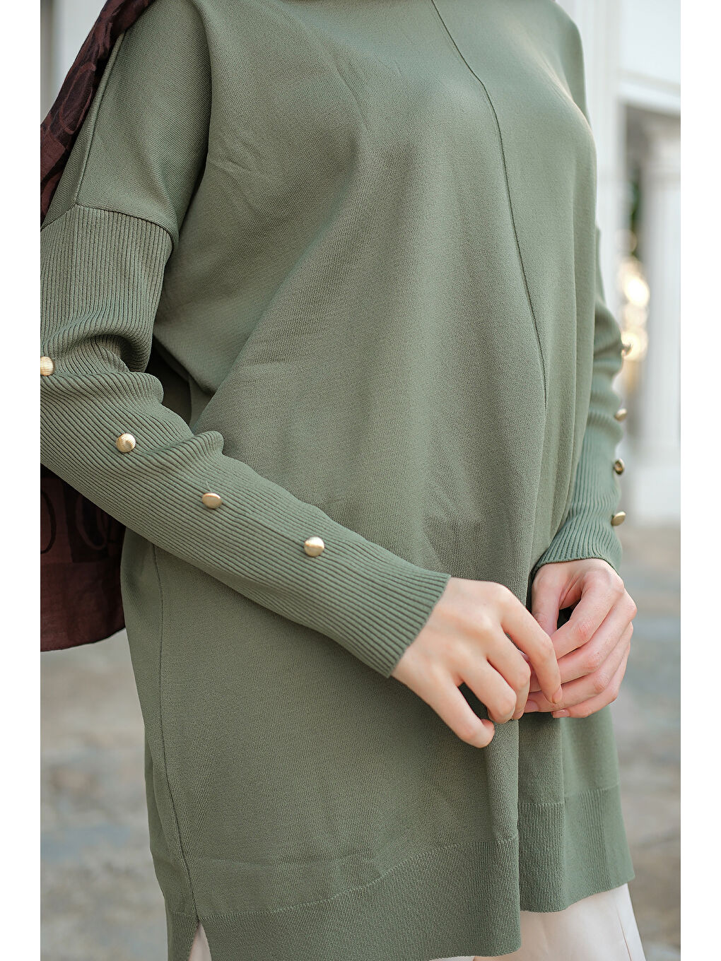 Kadın Kolları Düğme Detaylı Tunik Çağla Yeşil-4