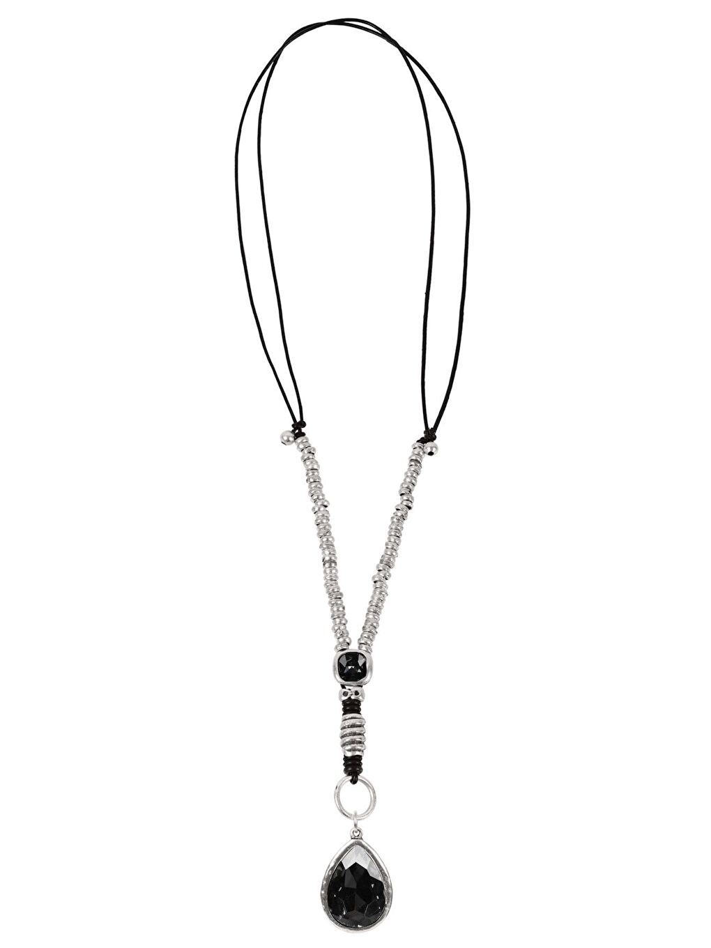 Gri Kadın Antik Gümüş Kaplama Ayarlanabilir Deri Kordonlu Kristal Taş Detaylı Damla Kolye