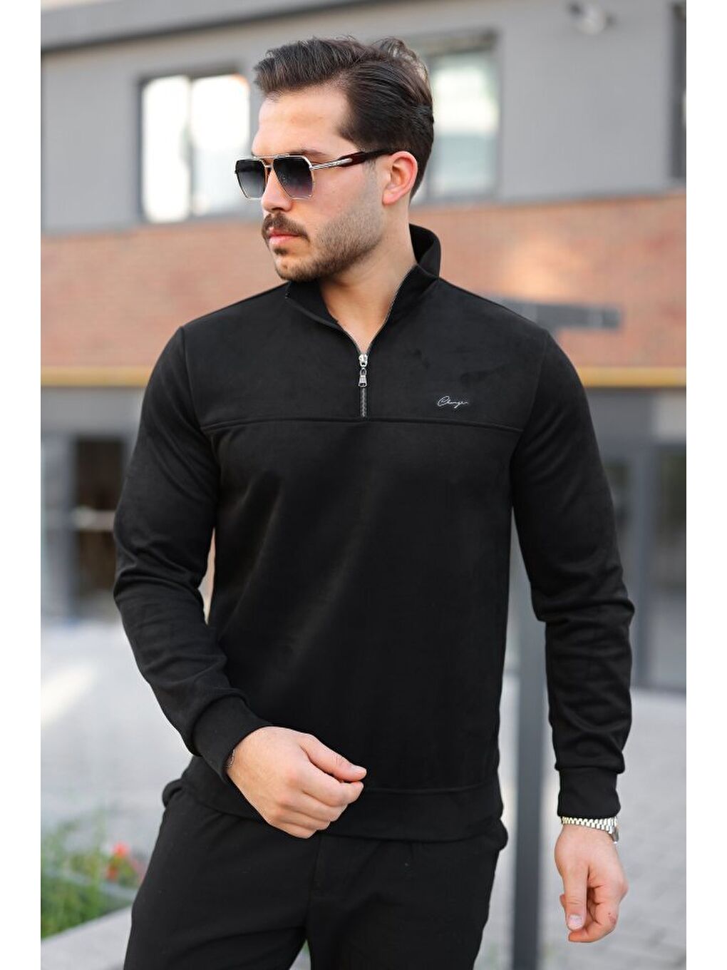 Siyah Erkek Süet Yarım Fermuar Dik Yaka Sweat-2