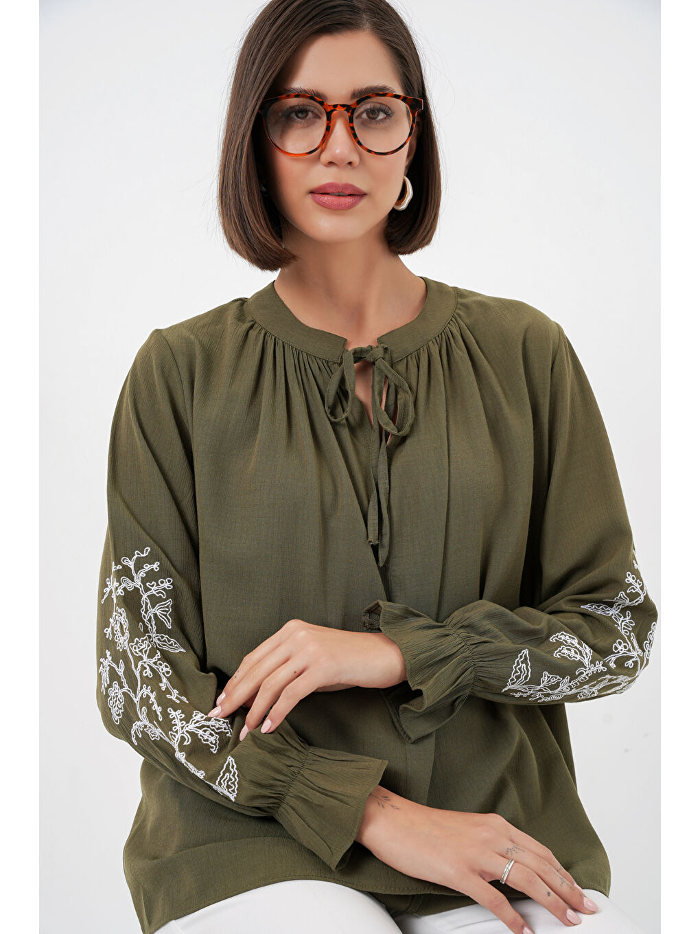 Kadın Nakışlı Örme Bluz 941 - Haki-5