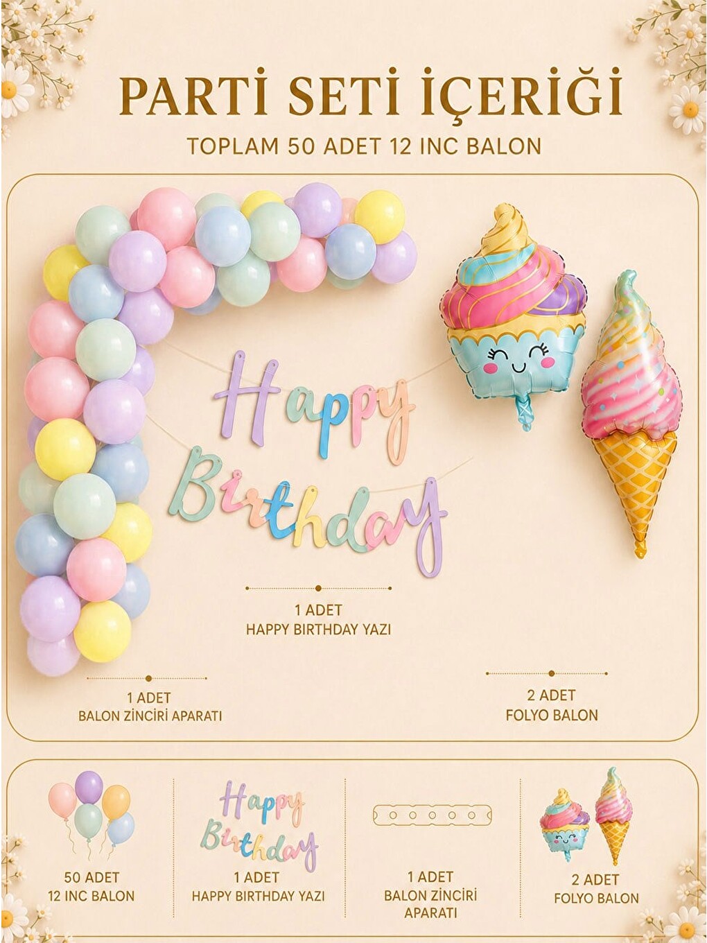 Karışık Makaron Renk Temalı Doğum Günü Süsleme Seti – Folyo Balonlu Dekorasyon Seti-1