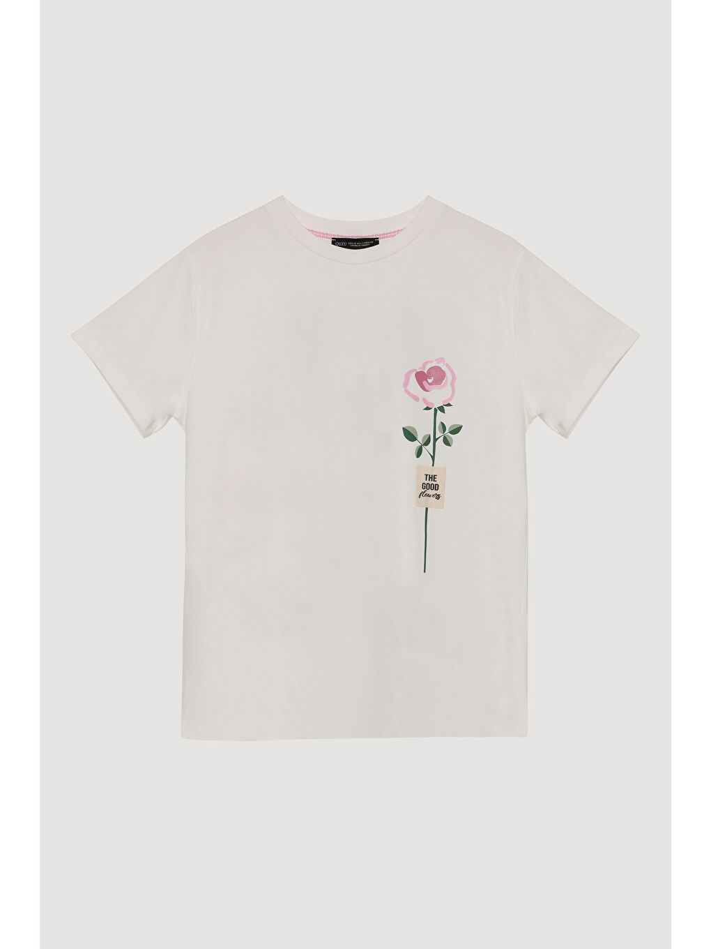 Renkli Gül Baskılı Sırtı Yazılı Tişört Ekru