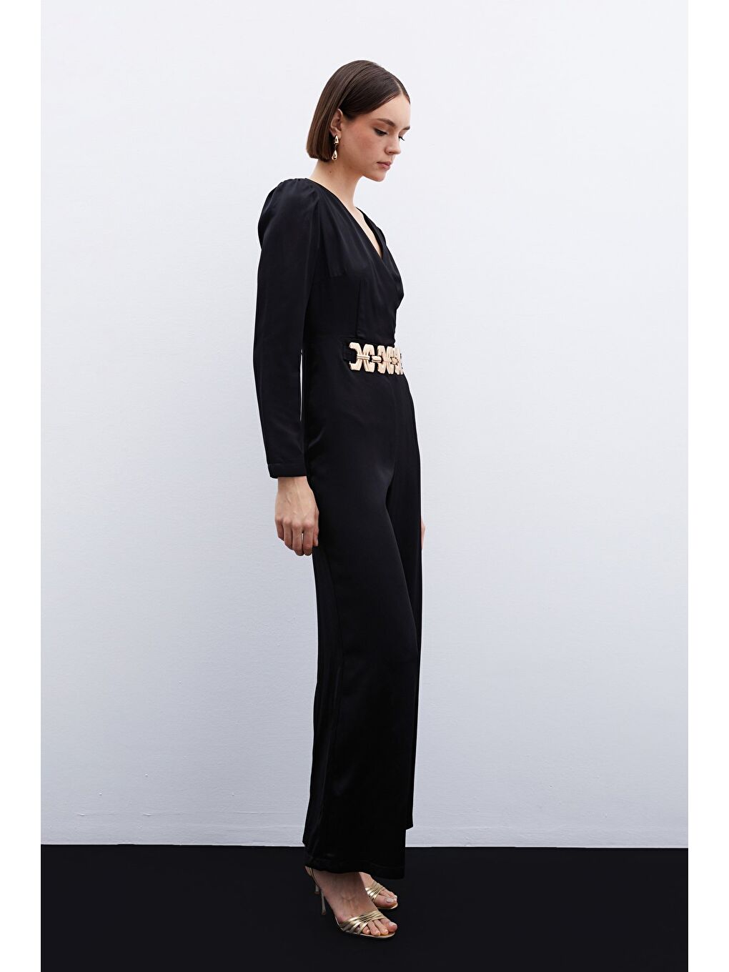 Birleşik Kemerli Saten Tulum - Siyah-1