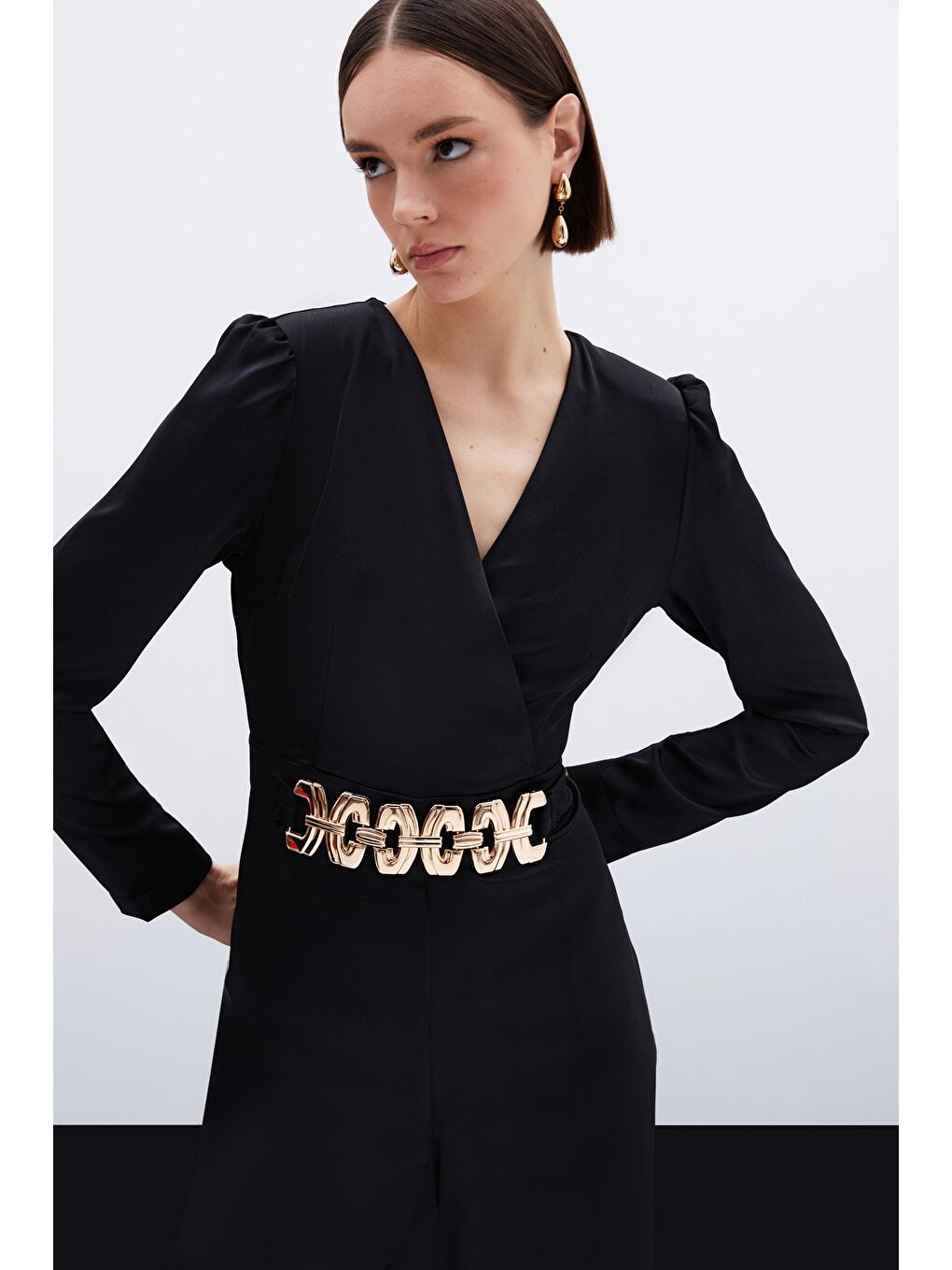 Birleşik Kemerli Saten Tulum - Siyah-2