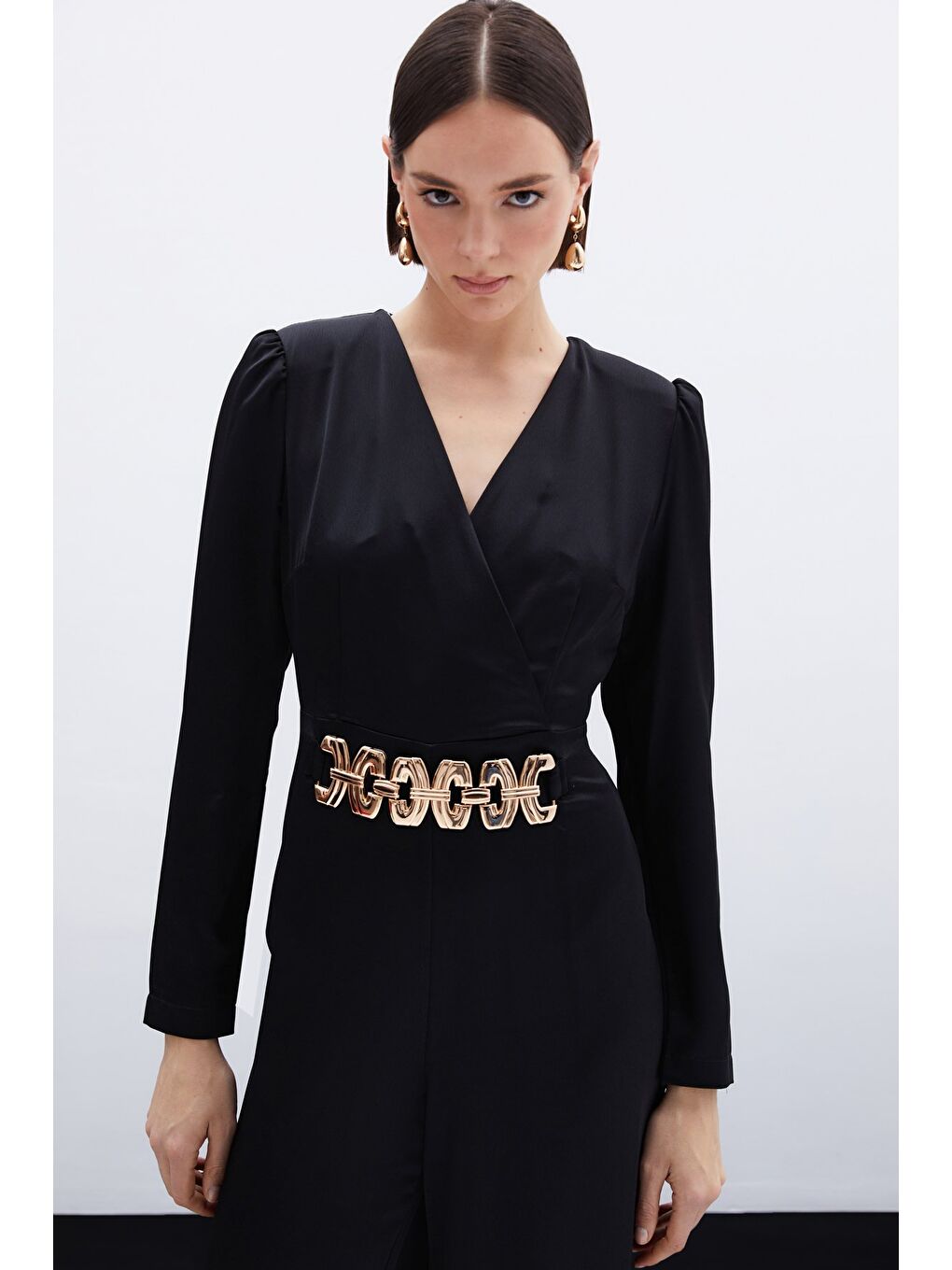 Birleşik Kemerli Saten Tulum - Siyah-3