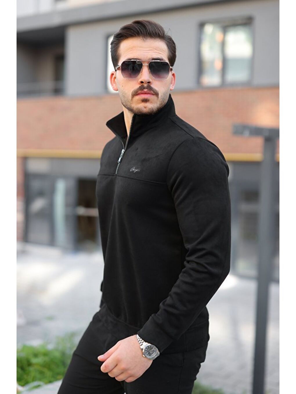 Siyah Erkek Süet Yarım Fermuar Dik Yaka Sweat-3