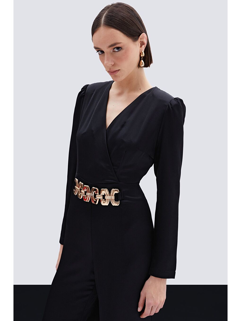 Birleşik Kemerli Saten Tulum - Siyah-4