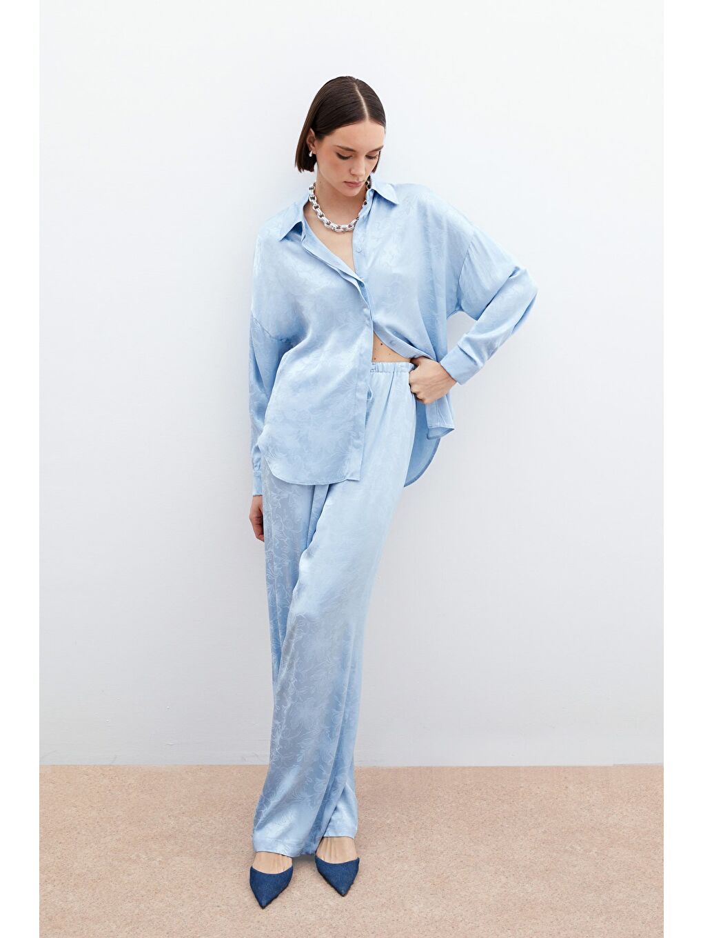 Jakarlı Saten Pantolon - Bebe Mavi-1