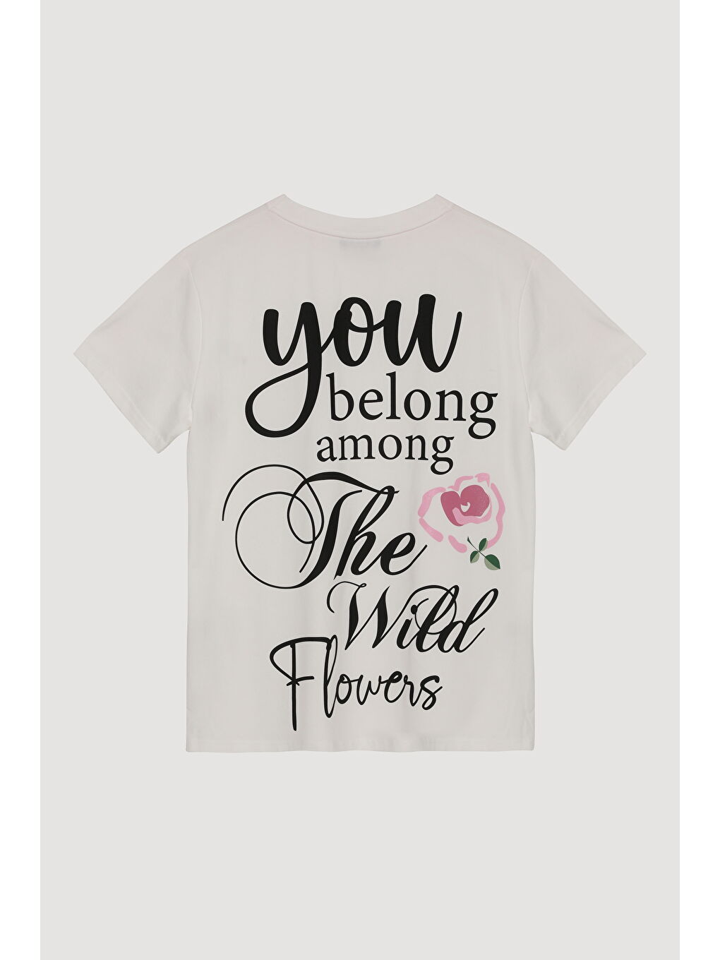 Renkli Gül Baskılı Sırtı Yazılı Tişört Ekru-2