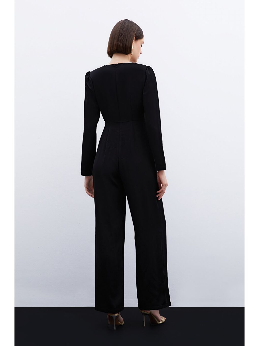 Birleşik Kemerli Saten Tulum - Siyah-5