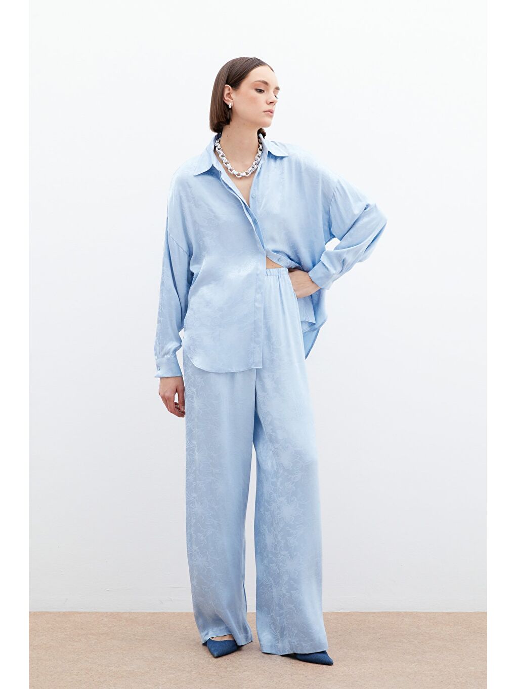 Jakarlı Saten Pantolon - Bebe Mavi-2