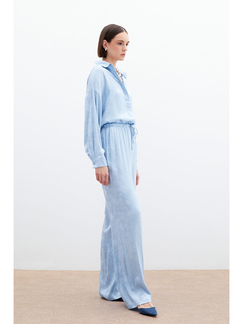 Jakarlı Saten Pantolon - Bebe Mavi-3