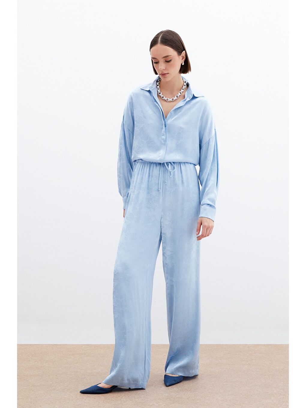 Jakarlı Saten Pantolon - Bebe Mavi-4