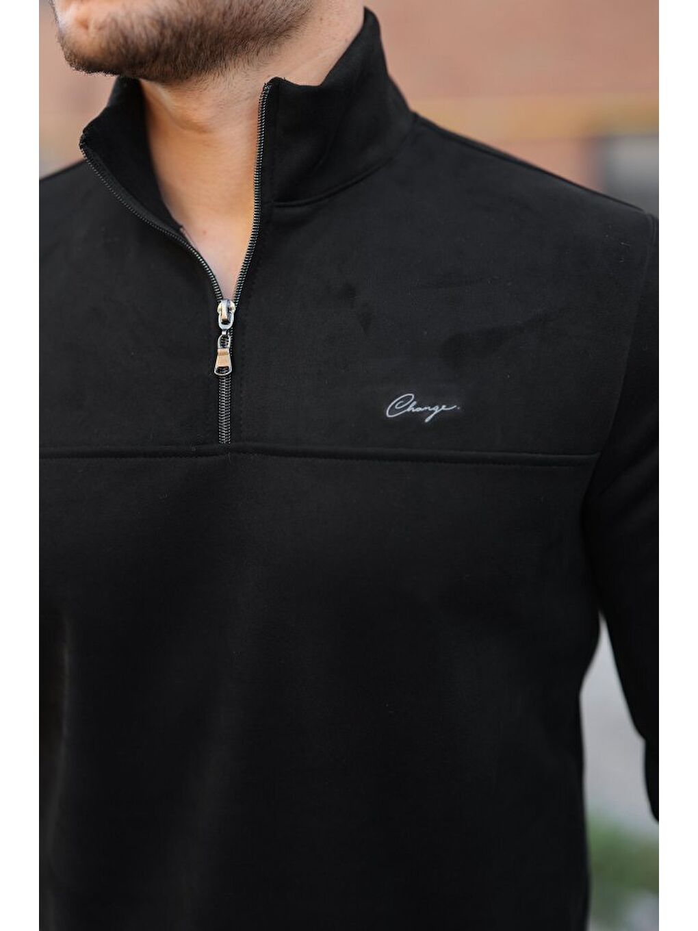Siyah Erkek Süet Yarım Fermuar Dik Yaka Sweat-4