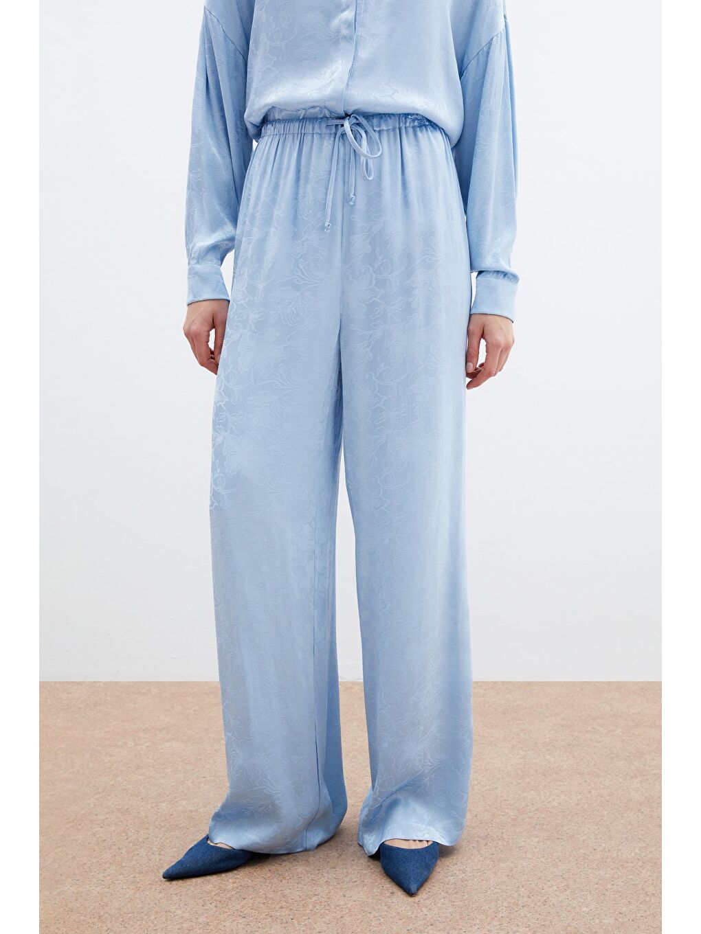 Jakarlı Saten Pantolon - Bebe Mavi-6