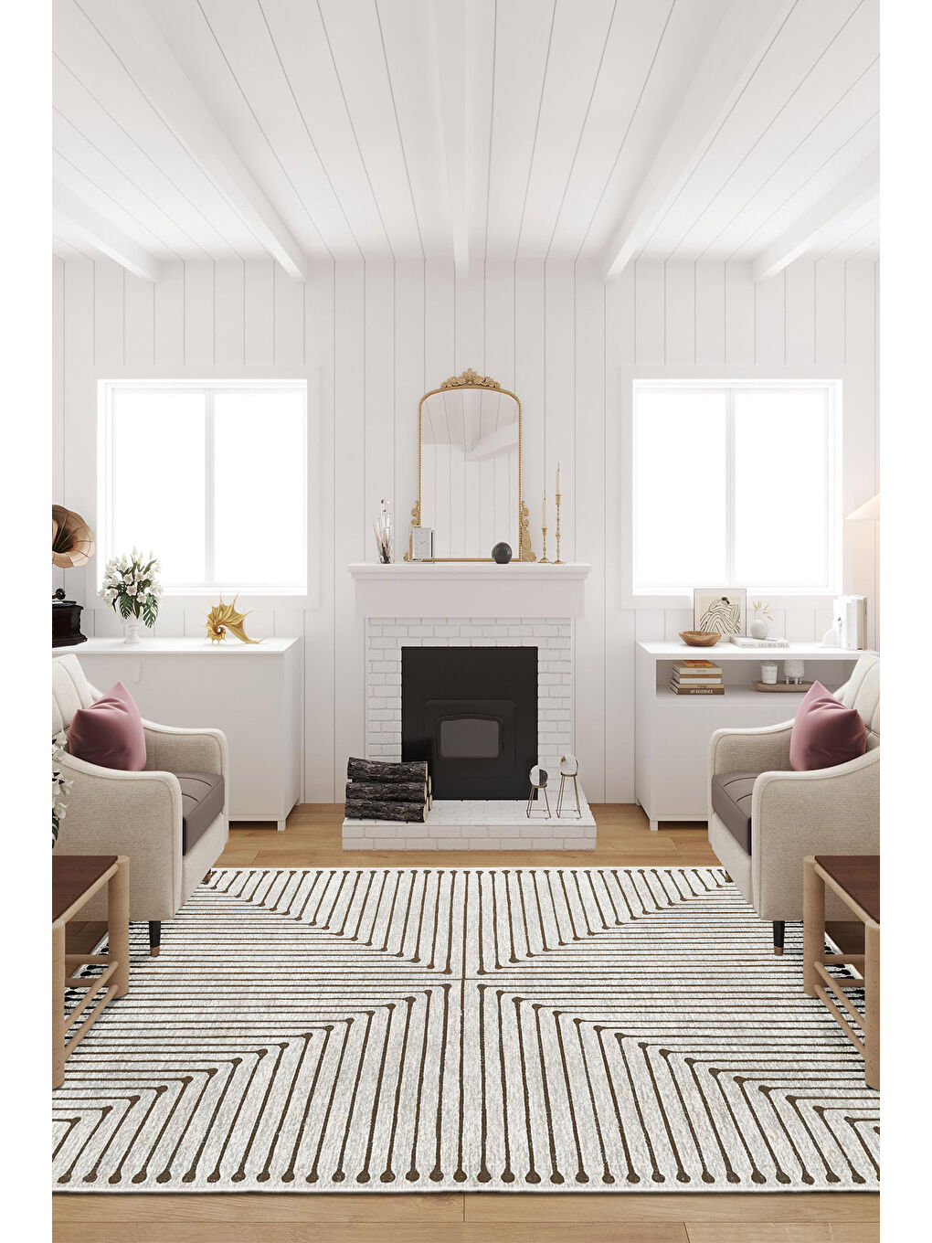 Beyaz Dekoratif Özel Tasarım Yıkanabilir İnce Kaymaz Tabanlı Modern Halı KECE FR18-2