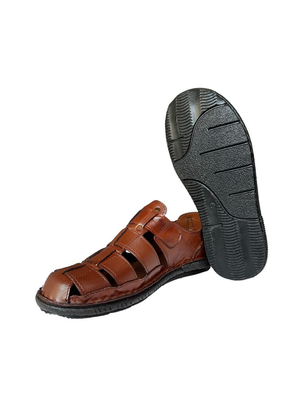 Kahverengi Erkek Hakiki Deri Cırtlı Sandalet Taba-4